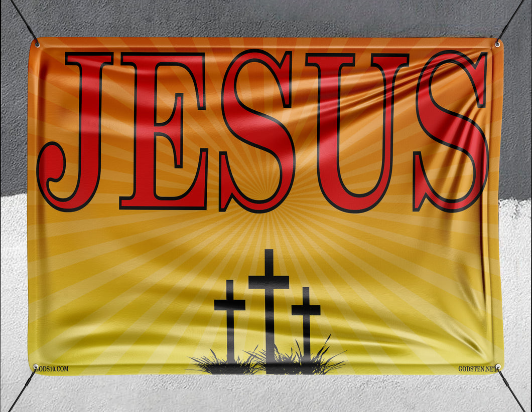 Jesus Sunburst 3 Crosses - Banner